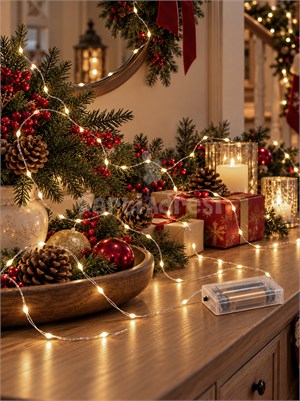 Yılbaşı Dekoru Pilli Peri LED Işık - Günışığı 50 LED 5 Metre 3 Fonksiyonlu Ağaç Süsü
