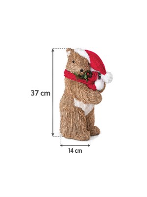 Yılbaşı Dekoru Rustik Noel Şapkalı Ayı 37 cm – Hasır Görünümlü Dekoratif Süs