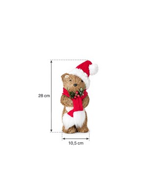 Yılbaşı Dekoru Rustik Noel Şapkalı Ayıcık 28 cm – Hasır Görünümlü Dekoratif Süs