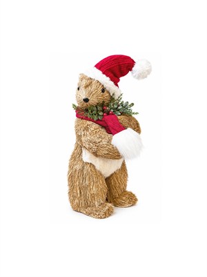 Yılbaşı Dekoru Rustik Noel Şapkalı Ayı 37 cm – Hasır Görünümlü Dekoratif Süs