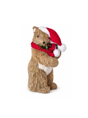 Yılbaşı Dekoru Rustik Noel Şapkalı Ayı 37 cm – Hasır Görünümlü Dekoratif Süs