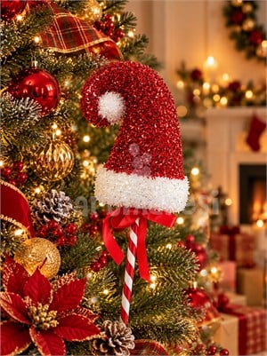 Yılbaşı Dekoru Simli Noel Baba Şapkalı Baston Şeker Çam Ağacı Süsü 40 cm
