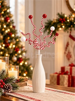 Yılbaşı Dekoru Toplu Spiral Dekor Dalı 40 cm – Krımızı Beyaz Vazo ve Ağaç Süsü