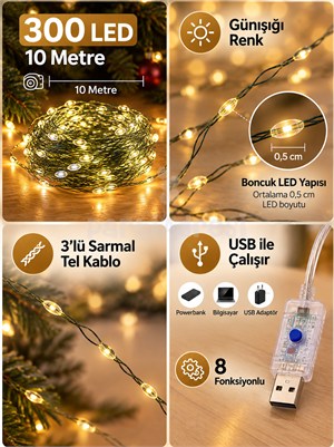 Yılbaşı Dekoru USB Işık - Günışığı 300 LED 10 Metre 8 Fonksiyonlu Ağaç Süsü