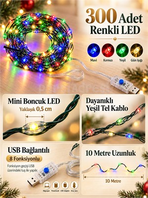 Yılbaşı Dekoru USB Işık - Renkli 300 LED 10 Metre 8 Fonksiyonlu Ağaç Süsü