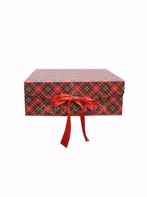 Yılbaşı Temalı Ekose Hediye Kutusu – Kırmızı Kurdeleli Dekoratif Kutu 29x22x10 cm