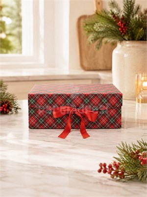 Yılbaşı Temalı Ekose Hediye Kutusu – Kırmızı Kurdeleli Dekoratif Kutu 29x22x10 cm