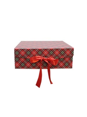 Yılbaşı Temalı Ekose Hediye Kutusu – Kırmızı Kurdeleli Dekoratif Kutu 29x22x10 cm