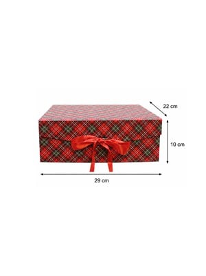 Yılbaşı Temalı Ekose Hediye Kutusu – Kırmızı Kurdeleli Dekoratif Kutu 29x22x10 cm