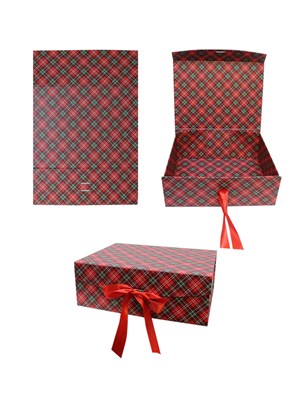 Yılbaşı Temalı Ekose Hediye Kutusu – Kırmızı Kurdeleli Dekoratif Kutu 29x22x10 cm
