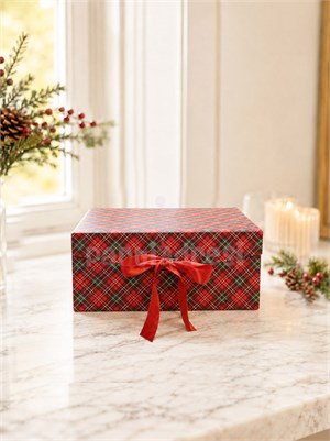 Yılbaşı Temalı Ekose Hediye Kutusu – Kırmızı Kurdeleli Dekoratif Kutu 24x17x10 cm