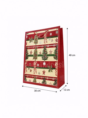 Yılbaşı Temalı Karton Hediye Çantası – Çam Ağacı ve Şeker Motifli 30x40x12 cm