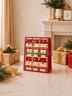 Yılbaşı Temalı Karton Hediye Çantası – Çam Ağacı ve Şeker Motifli 26x32x10 cm