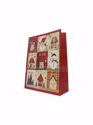 Yılbaşı Temalı Karton Hediye Çantası – Ekose Ev Motifli 30x40x12 cm