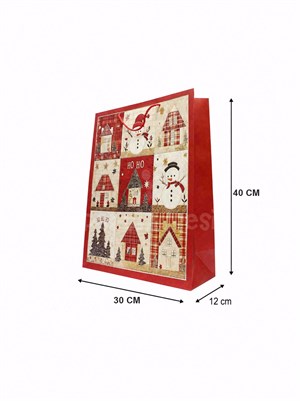 Yılbaşı Temalı Karton Hediye Çantası – Ekose Ev Motifli 30x40x12 cm