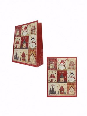 Yılbaşı Temalı Karton Hediye Çantası – Ekose Ev Motifli 26x32x10 cm