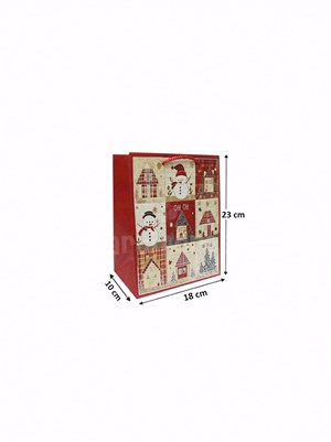 Yılbaşı Temalı Karton Hediye Çantası – Ekose Ev Motifli 18x23x10 cm