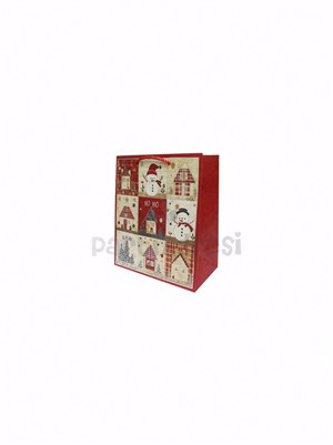 Yılbaşı Temalı Karton Hediye Çantası – Ekose Ev Motifli 18x23x10 cm