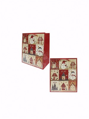 Yılbaşı Temalı Karton Hediye Çantası – Ekose Ev Motifli 18x23x10 cm