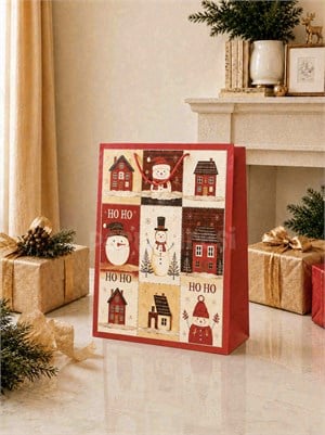 Yılbaşı Temalı Karton Hediye Çantası – Kardan Adam Motifli 30x40x12 cm