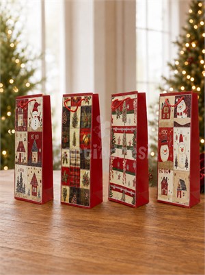 Yılbaşı Temalı Karton Şişe Çantası – Alışveriş ve Hediye Çantası 12,5x36x8 cm 12li