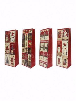 Yılbaşı Temalı Karton Şişe Çantası – Alışveriş ve Hediye Çantası 12,5x36x8 cm 12li