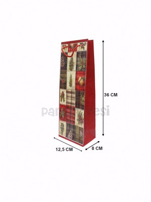 Yılbaşı Temalı Karton Şişe Çantası – Çam Ağacı Motifli Hediye Çantası 12,5x36x8 cm