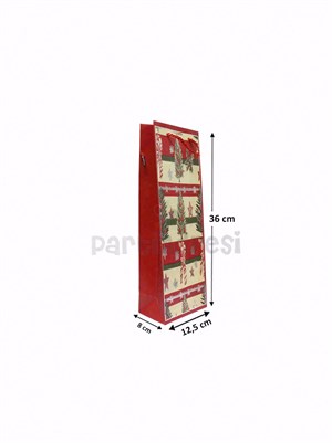 Yılbaşı Temalı Karton Şişe Çantası – Çam Ağacı ve Şeker Motifli Hediye Çantası 12,5x36x8 cm 
