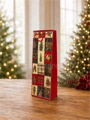 Yılbaşı Temalı Karton Şişe Çantası – Çam Ağacı Motifli Hediye Çantası 12,5x36x8 cm