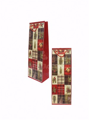 Yılbaşı Temalı Karton Şişe Çantası – Çam Ağacı Motifli Hediye Çantası 12,5x36x8 cm