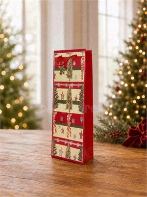 Yılbaşı Temalı Karton Şişe Çantası – Çam Ağacı ve Şeker Motifli Hediye Çantası 12,5x36x8 cm 