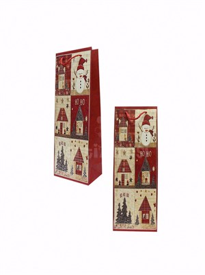 Yılbaşı Temalı Karton Şişe Çantası – Ekose Ev Motifli Hediye Çantası 12,5x36x8 cm