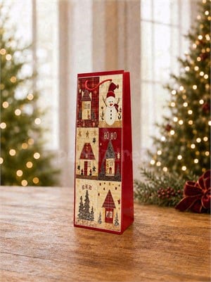 Yılbaşı Temalı Karton Şişe Çantası – Ekose Ev Motifli Hediye Çantası 12,5x36x8 cm