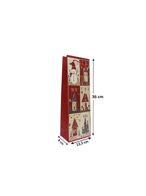 Yılbaşı Temalı Karton Şişe Çantası – Ekose Ev Motifli Hediye Çantası 12,5x36x8 cm