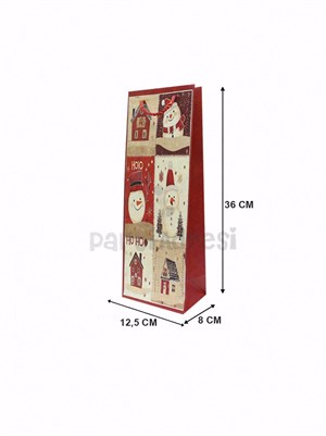 Yılbaşı Temalı Karton Şişe Çantası – Kardan Adam Motifli Hediye Çantası 12,5x36x8 cm