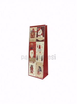 Yılbaşı Temalı Karton Şişe Çantası – Kardan Adam Motifli Hediye Çantası 12,5x36x8 cm