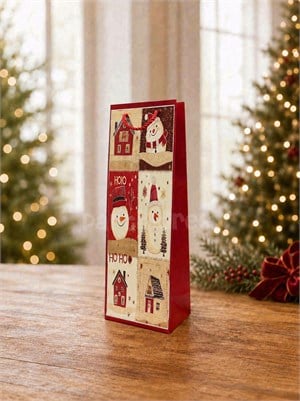 Yılbaşı Temalı Karton Şişe Çantası – Kardan Adam Motifli Hediye Çantası 12,5x36x8 cm
