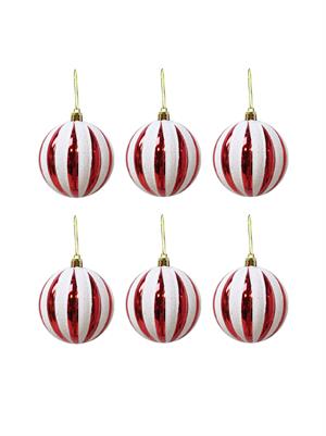 Yılbaşı Topu Dilim Desenli Dekoratif Çam Ağacı Süsü Kırmızı Beyaz 6 cm 6lı Set
