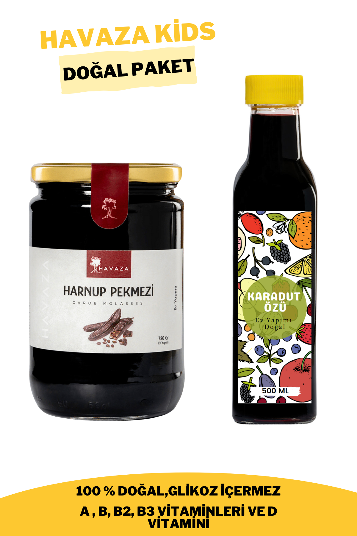KİDS DOĞAL PAKET Harnup pekmezi 720 G,Karadutözü 500 G (100% Doğal,Glikoz İçermez)