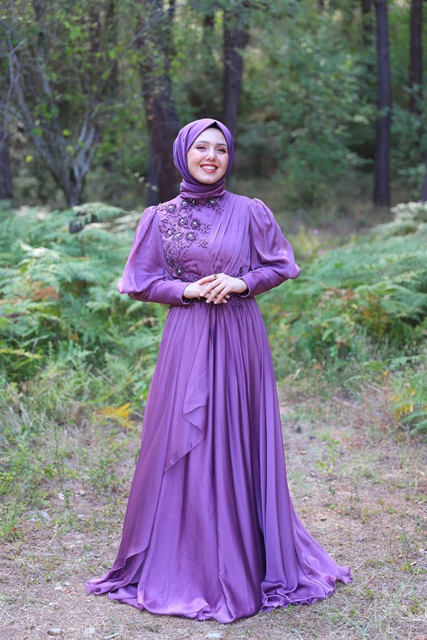 Kadın Balon Kol Drapeli Tesettür Abiye Elbise
