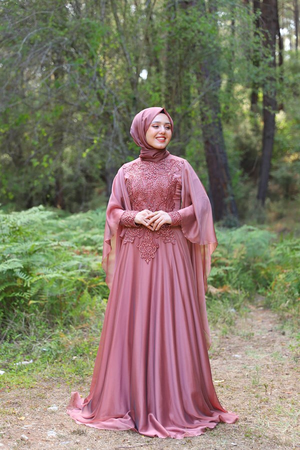 Kadın Gri Taş Kemer Detaylı Hayal Tül Tesettür Abiye Elbise