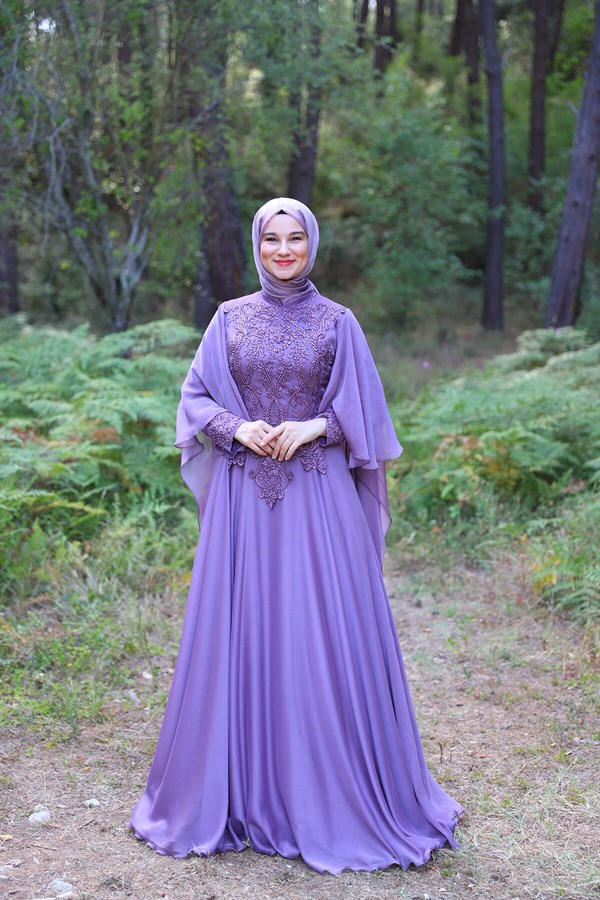 Kadın Gri Taş Kemer Detaylı Hayal Tül Tesettür Abiye Elbise