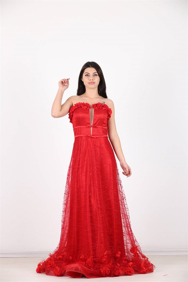 Kadın Kırmızı Straplez Yaka Dekolteli Uzun Abiye Elbise