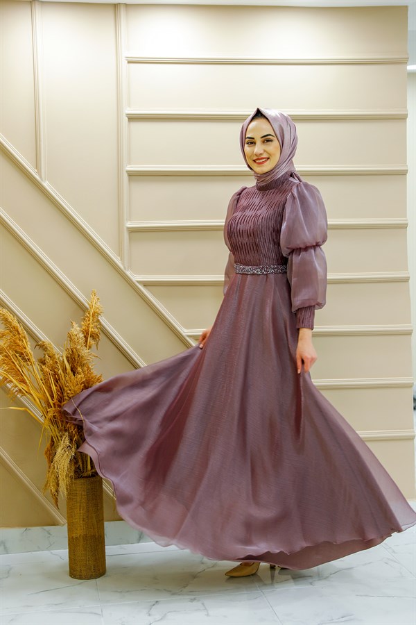 Kadın Lavanta Kemer Detaylı Organze Kumaş Balon Kol Tesettür Abiye Elbise