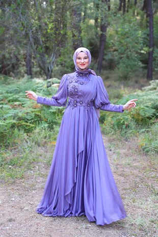 Kadın Balon Kol Drapeli Tesettür Abiye Elbise