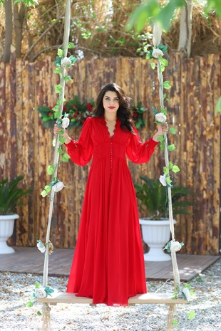 Kadın Kırmızı Düğme Detaylı Uzun Kol Abiye Elbise