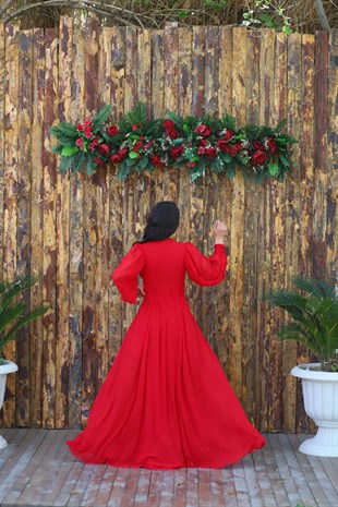 Kadın Kırmızı Düğme Detaylı Uzun Kol Abiye Elbise