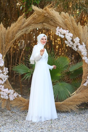 Kadın Beyaz Kol İşleme Detaylı Tesettür Abiye Elbise