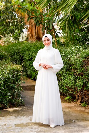 Kadın Beyaz Şifon Kolları Piliseli Tesettür Abiye Elbise