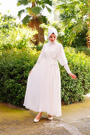 Kadın Beyaz Şifon Üstü Pileli Tesettür Abiye Elbise